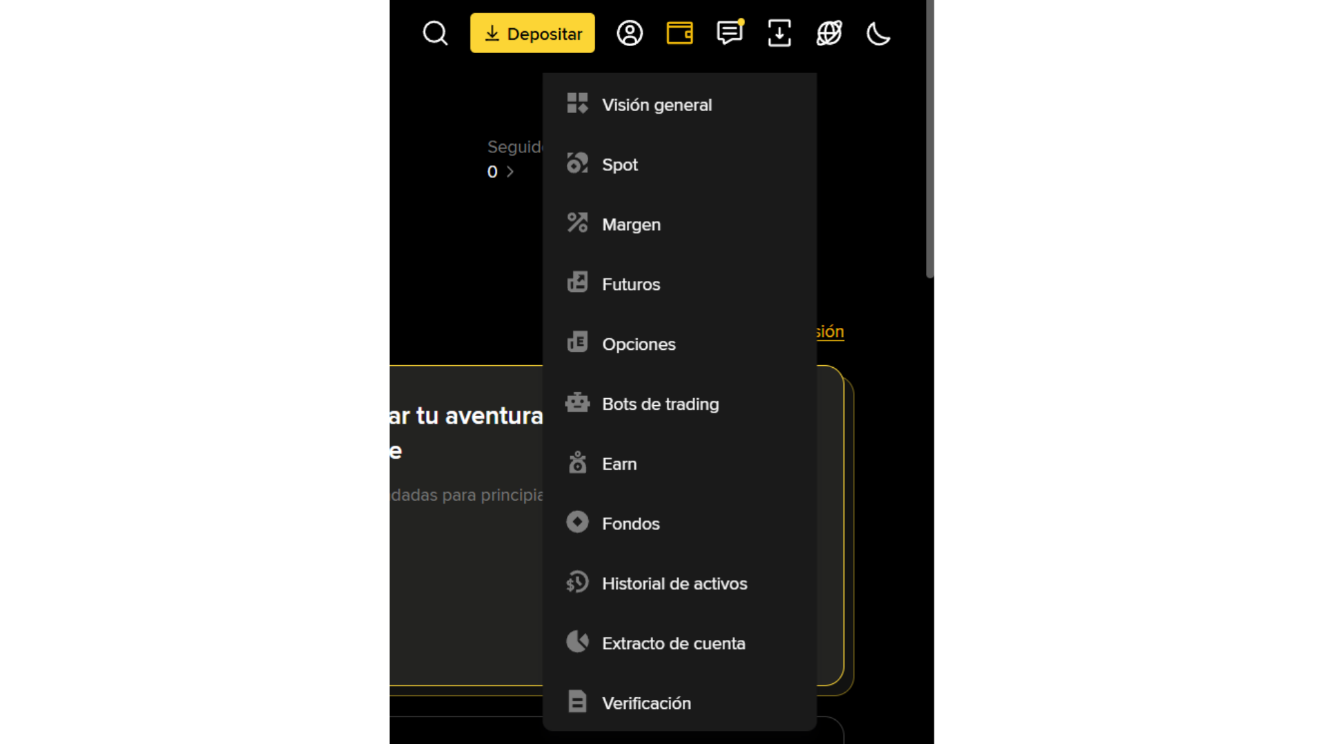 Menu Billetera mostrando la opcion Historial de activos en Binance