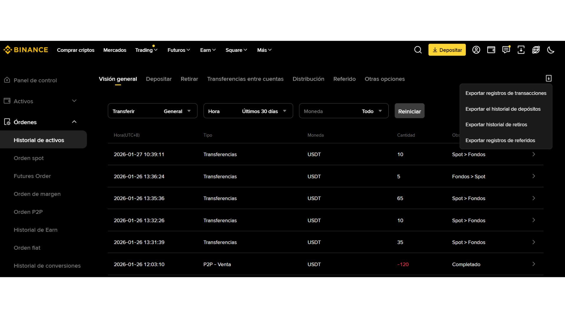 Opcion Exportar registros de transacciones en el menu de descarga de Binance