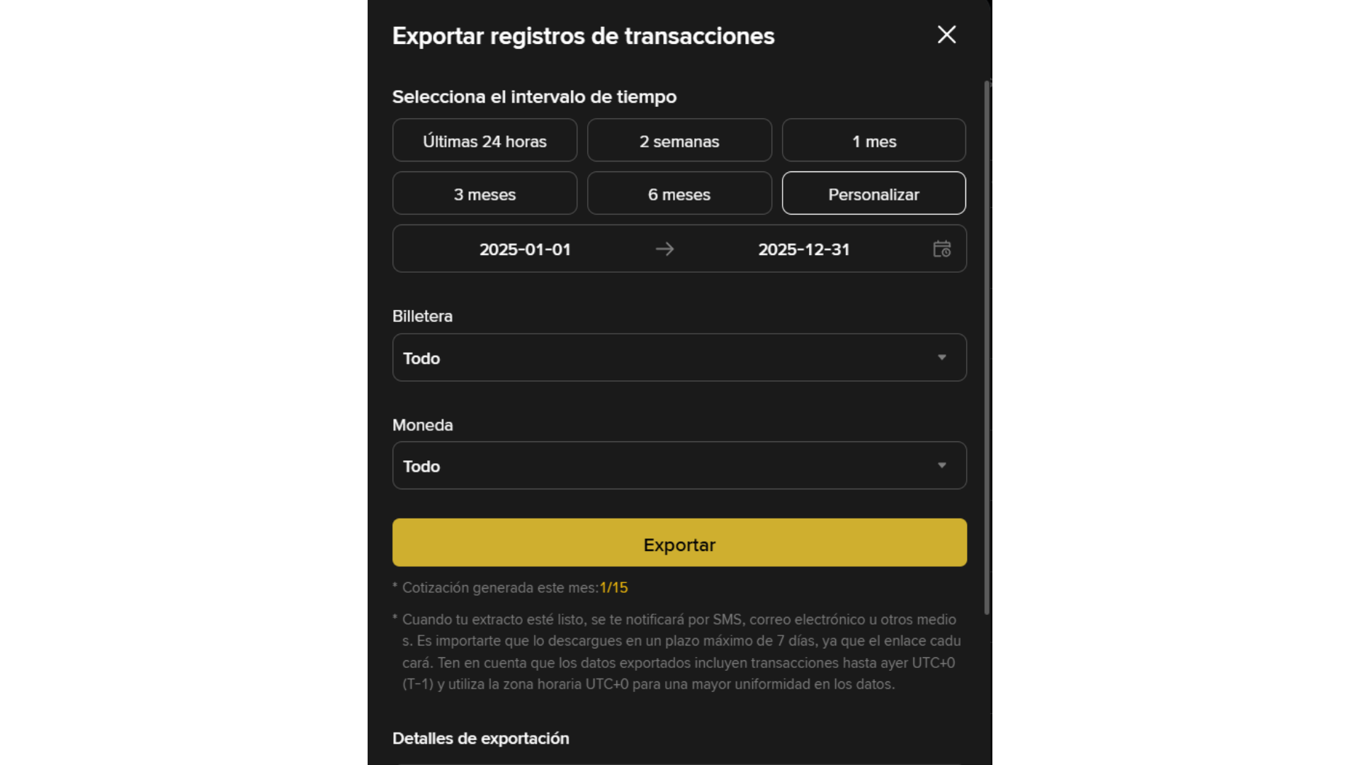 Ventana de configuracion para exportar el historial completo de transacciones en Binance