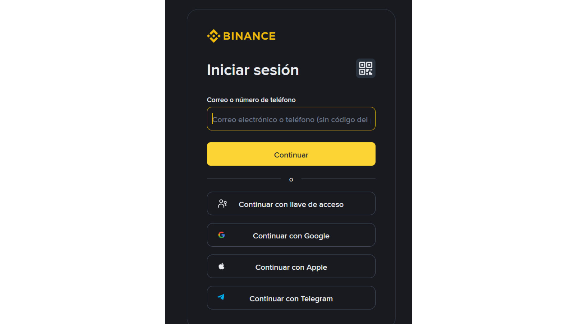Pantalla de inicio de sesion en Binance