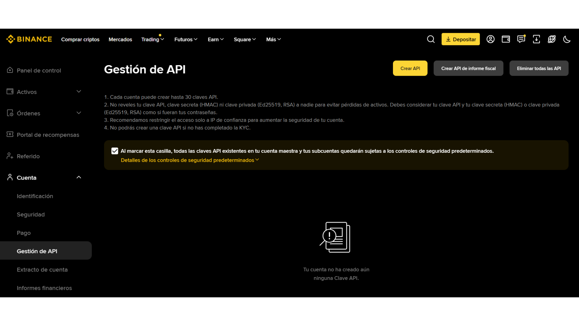 Boton Crear API de informe fiscal en el menu de gestion de API de Binance
