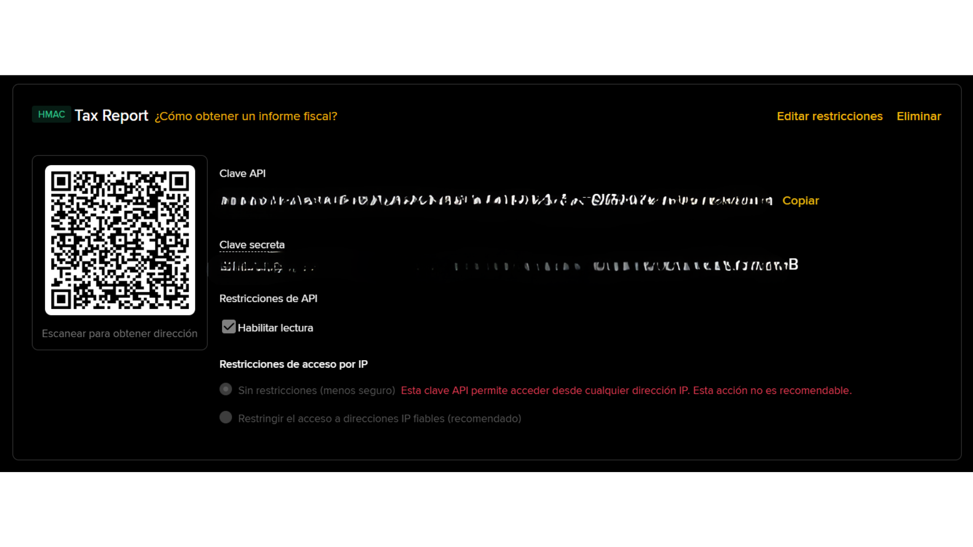 Pantalla mostrando las credenciales API Key y Secret Key generadas